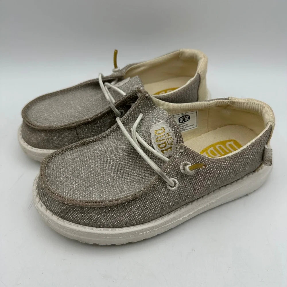 Hey Dude Wendy Y Metallic Sparkle Kids Size C11 Silver Slip On Loafers 40830-710